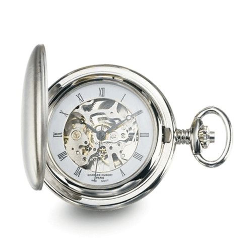 New Charles Hubert Chrome-finish White Skeleton Dial Pocket Watch